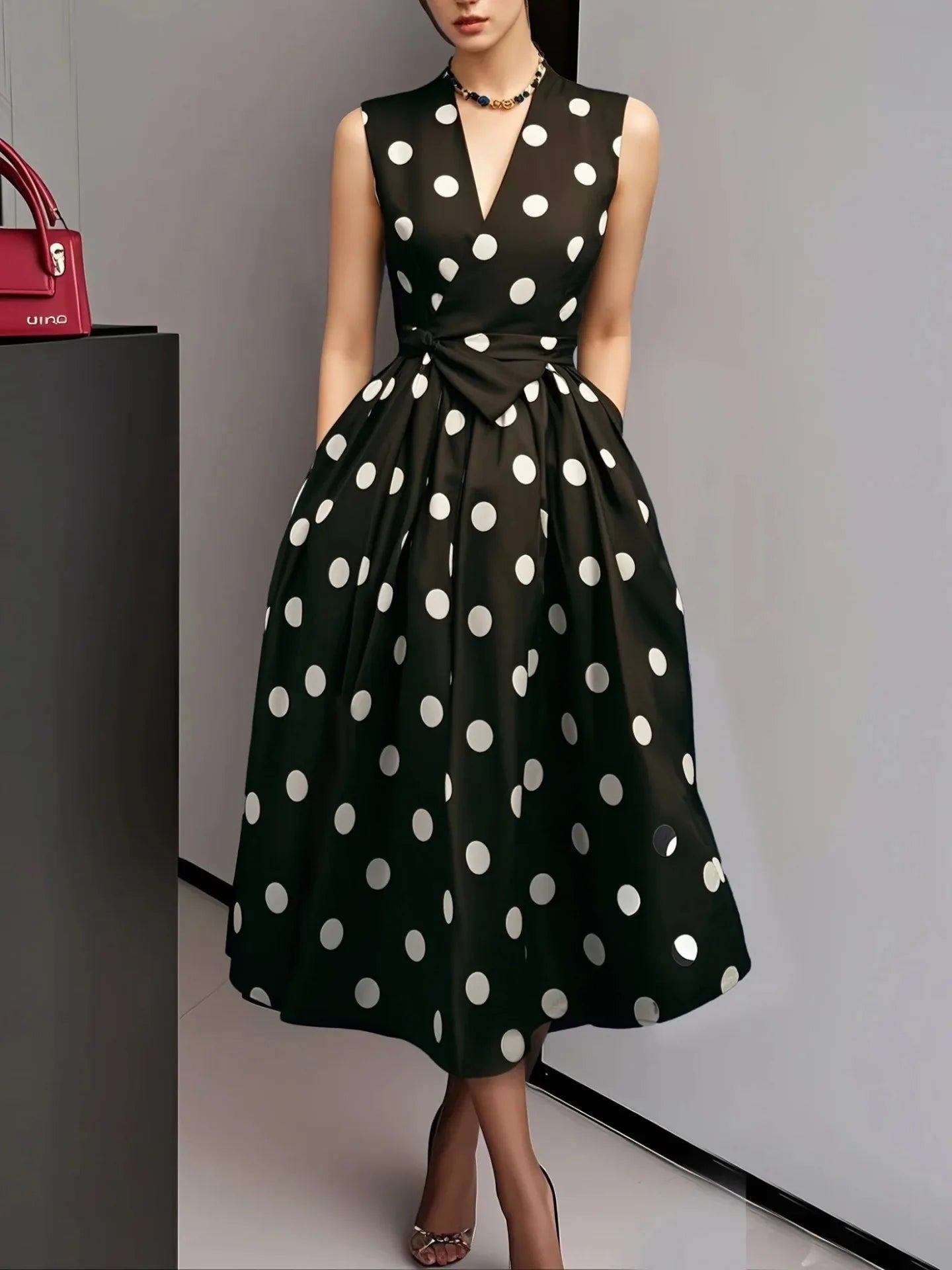 New Women's Polka Dot Dress Sleeveless V-Neck High Waist Slim Lace-up Fashionable Elegant Evening Midi Dress