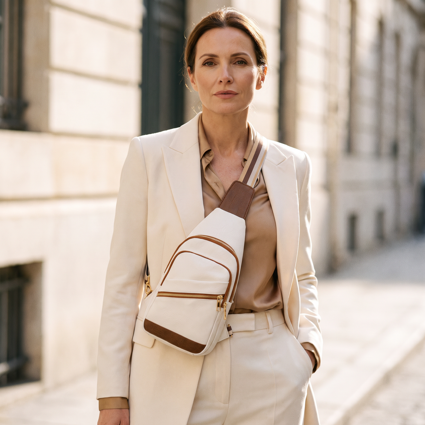 The Amalfi Sling Bag - White with Brown - worn