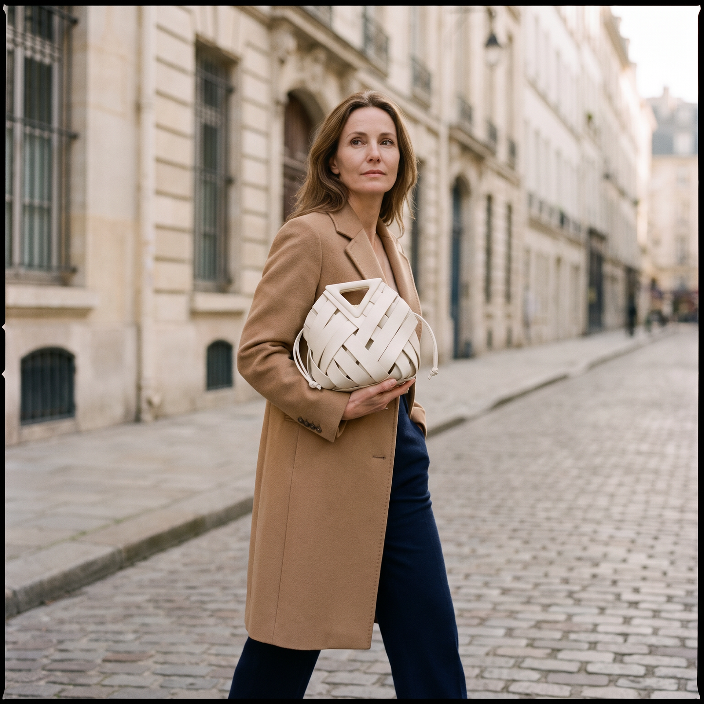 The Portofino Woven Tote worn on a European street, White