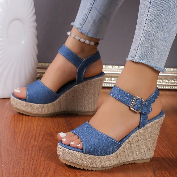 2025 Summer NewPlus-size Wedge Sandal Lady Cowboy Simple Commuting Muffin Bottom Summer Slope with Sandals Women High Heels