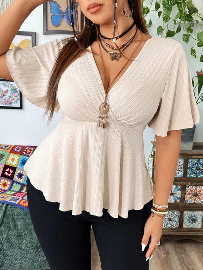 New women's fashionable deep V-neck versatile solid color large size short-sleeved women's top