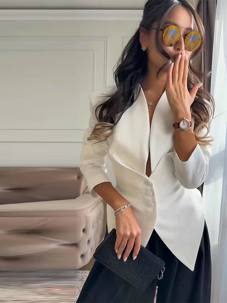 Slim Lace Up Asymmetrical Blazer Women Chic V-neck Single Breasted Full Sleeve Jacket Female 2026 Spring Summer Lady Coat