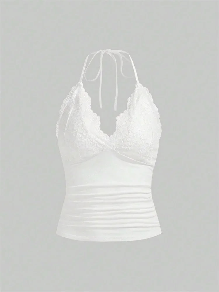 Lace V-neck Halter Top Women Summer Sexy Grunge Punk Goth Backless Ruched Crop Top Cami Top Streetwear Y2K Clothes 2024