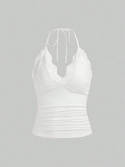 Lace V-neck Halter Top Women Summer Sexy Grunge Punk Goth Backless Ruched Crop Top Cami Top Streetwear Y2K Clothes 2024