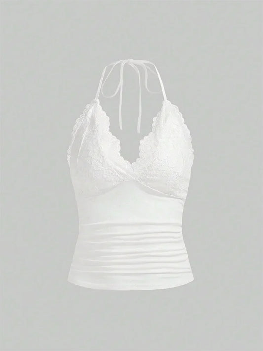 Lace V-neck Halter Top Women Summer Sexy Grunge Punk Goth Backless Ruched Crop Top Cami Top Streetwear Y2K Clothes 2024