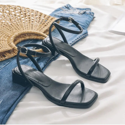 Fashion Womens Shoes 2025 Female Sandal Buckle Mid-Calf Strap Med Block Heels Luxury Peep Girls Beige Medium Chunky Sandals