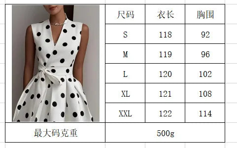 New Women's Polka Dot Dress Sleeveless V-Neck High Waist Slim Lace-up Fashionable Elegant Evening Midi Dress