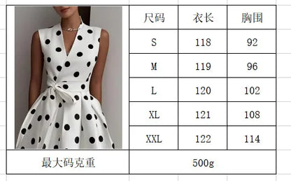 New Women's Polka Dot Dress Sleeveless V-Neck High Waist Slim Lace-up Fashionable Elegant Evening Midi Dress