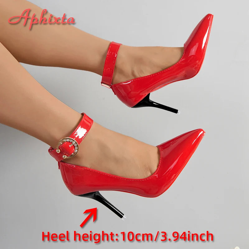 Aphixta Crystals Gold Buckle Strap Pimps Red Black High Stiletto Heels Pumps Women Party Shoes Pointed Toe Size 50