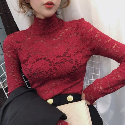Women Stretch Turtleneck Petal Sleeve Shirt Women Blue Green White Black Flowers Lace T Shirt Ladies S-2XL Tops Fashion Ladies