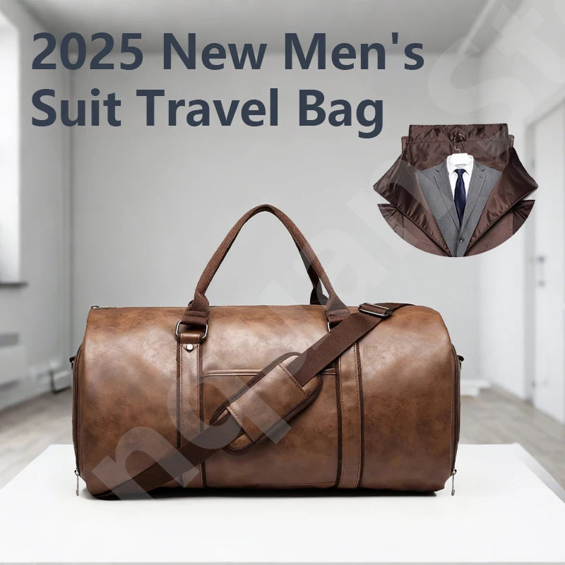 2025 New Men's Large Capacity Leather Waterproof Weekend Travel Business Convertible Suit Bag 2 in 1 Hand Carry-on Luggage Bag