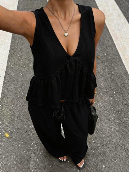 Sexy Deep V Neck Tank Tops Trousers Women 2 Piece Summer New Fashion Splicing Pleated Casual  Waist Lace Up Trousers Set Female
