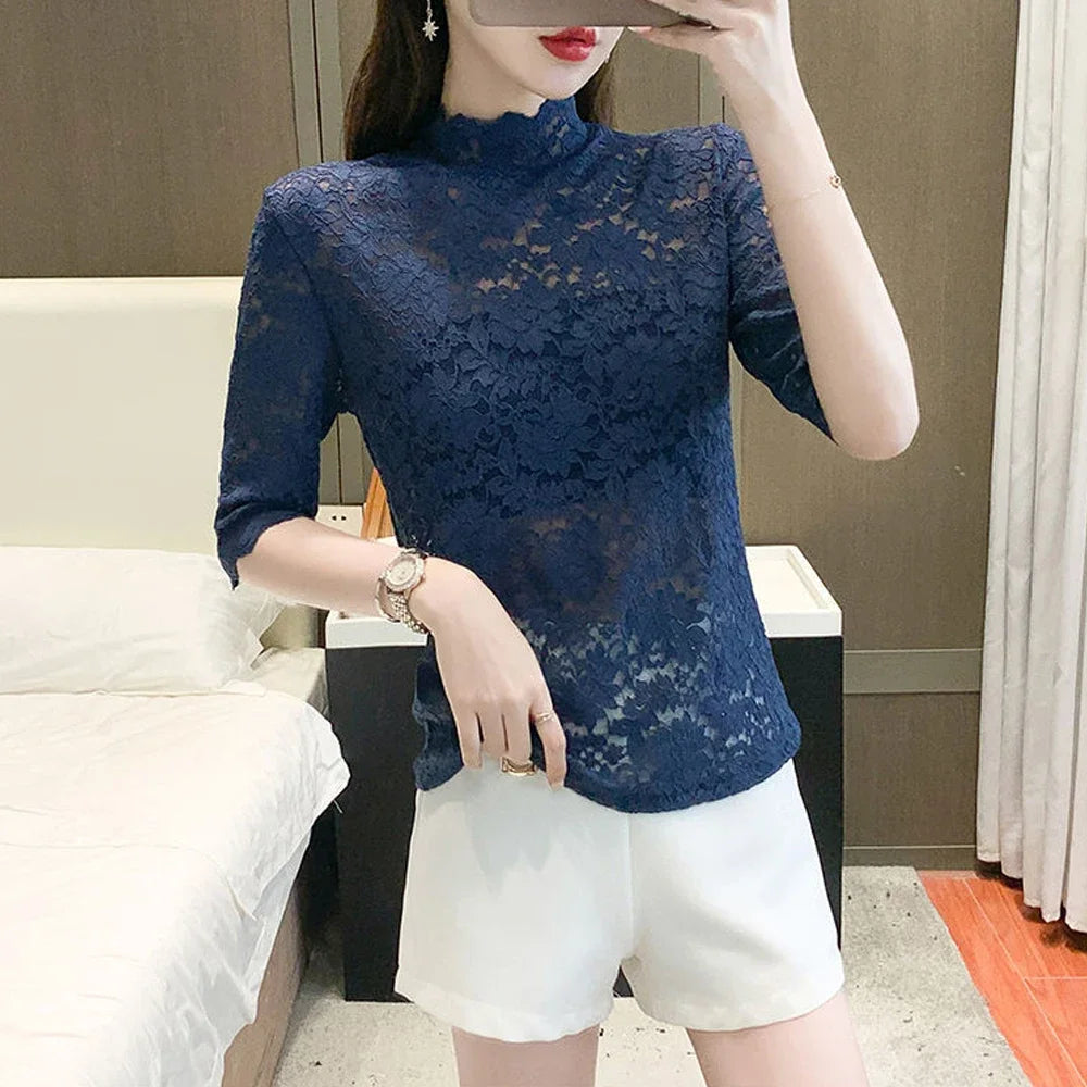 Women Stretch Turtleneck Petal Sleeve Shirt Women Blue Green White Black Flowers Lace T Shirt Ladies S-2XL Tops Fashion Ladies
