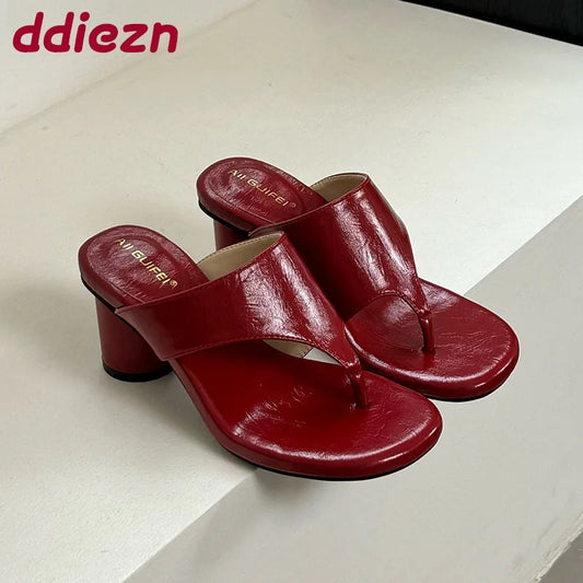 Red Footwear Fashion Round Heels Ladies Slippers Female Flip flops Elegant Women Heeled Slippers Sandals Slides Shoes Pumps