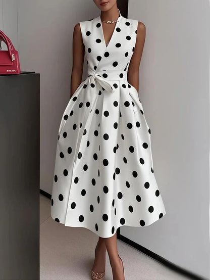 New Women's Polka Dot Dress Sleeveless V-Neck High Waist Slim Lace-up Fashionable Elegant Evening Midi Dress