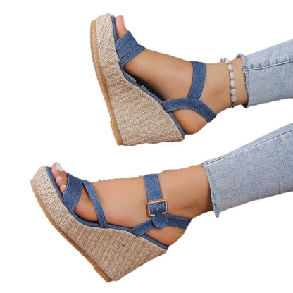 2025 Summer NewPlus-size Wedge Sandal Lady Cowboy Simple Commuting Muffin Bottom Summer Slope with Sandals Women High Heels