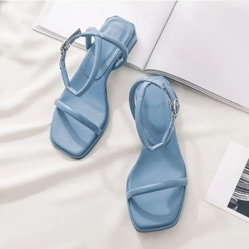 Fashion Womens Shoes 2025 Female Sandal Buckle Mid-Calf Strap Med Block Heels Luxury Peep Girls Beige Medium Chunky Sandals