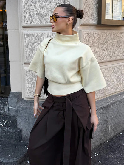 Knitted Half Sleeve Casual T-shirt Women Stand Collar Loose All-match Female T-shirts 2026 Spring Summer Street Tops Pullover
