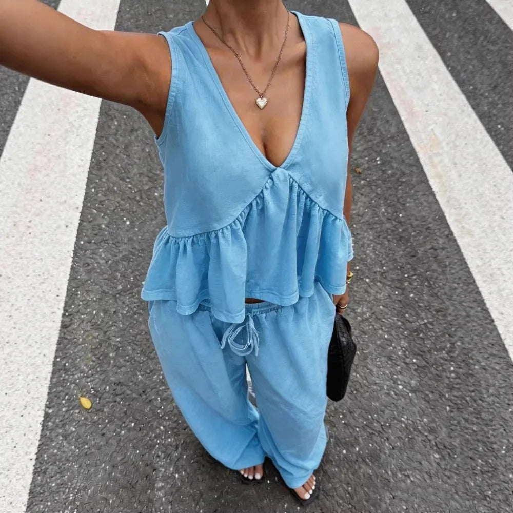 Sexy Deep V Neck Tank Tops Trousers Women 2 Piece Summer New Fashion Splicing Pleated Casual  Waist Lace Up Trousers Set Female