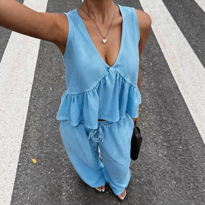 Sexy Deep V Neck Tank Tops Trousers Women 2 Piece Summer New Fashion Splicing Pleated Casual  Waist Lace Up Trousers Set Female