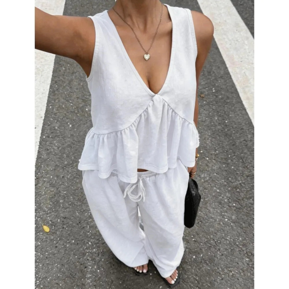 Sexy Deep V Neck Tank Tops Trousers Women 2 Piece Summer New Fashion Splicing Pleated Casual  Waist Lace Up Trousers Set Female