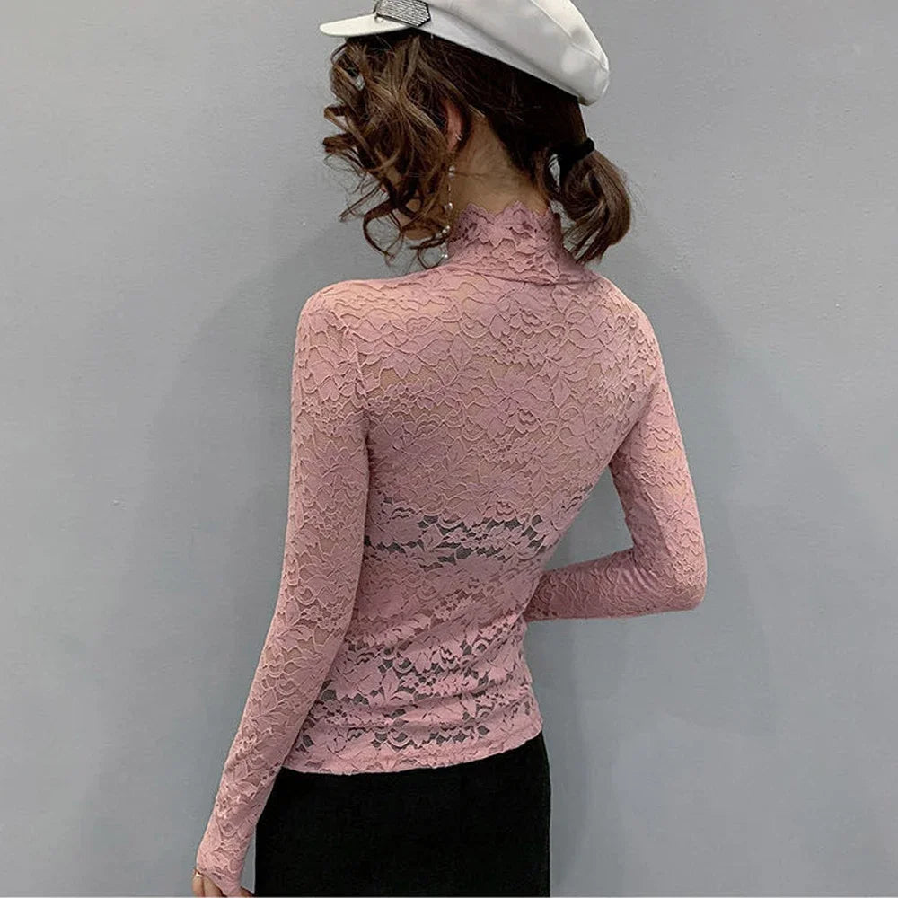 Women Stretch Turtleneck Petal Sleeve Shirt Women Blue Green White Black Flowers Lace T Shirt Ladies S-2XL Tops Fashion Ladies
