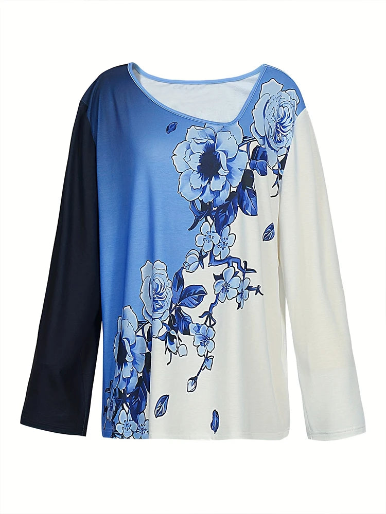 Plus Size 2024 Summer New Women's Printed Pattern Slash Neck Long Sleeve T-Shirt Loose Casual Polyester 3XL-5XL