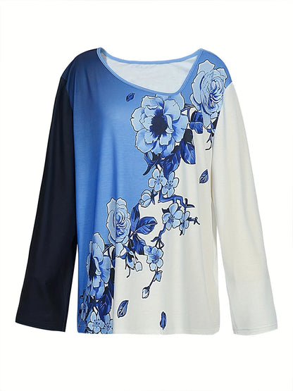Plus Size 2024 Summer New Women's Printed Pattern Slash Neck Long Sleeve T-Shirt Loose Casual Polyester 3XL-5XL