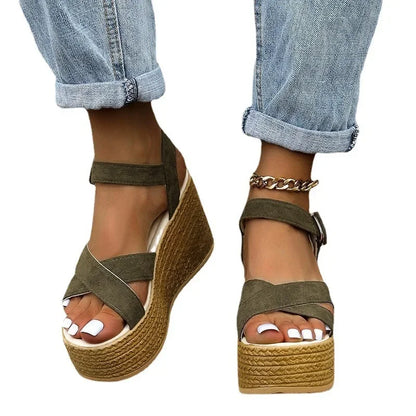 Fashion Wedge Sandals for Women Summer 2025 New Casual Non-slip Peep Toe Platform Shoes Rubber Sole Buckle Elegant Heels Women