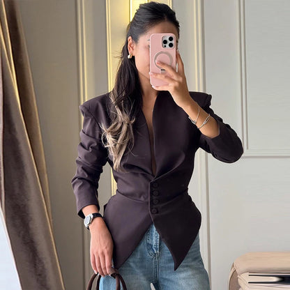 Slim Lace Up Asymmetrical Blazer Women Chic V-neck Single Breasted Full Sleeve Jacket Female 2026 Spring Summer Lady Coat
