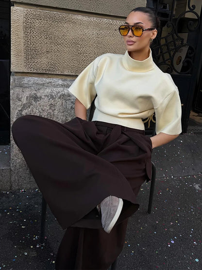 Knitted Half Sleeve Casual T-shirt Women Stand Collar Loose All-match Female T-shirts 2026 Spring Summer Street Tops Pullover