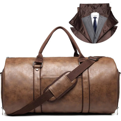 2025 New Men's Large Capacity Leather Waterproof Weekend Travel Business Convertible Suit Bag 2 in 1 Hand Carry-on Luggage Bag