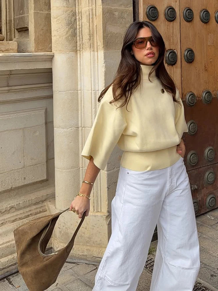 Knitted Half Sleeve Casual T-shirt Women Stand Collar Loose All-match Female T-shirts 2026 Spring Summer Street Tops Pullover