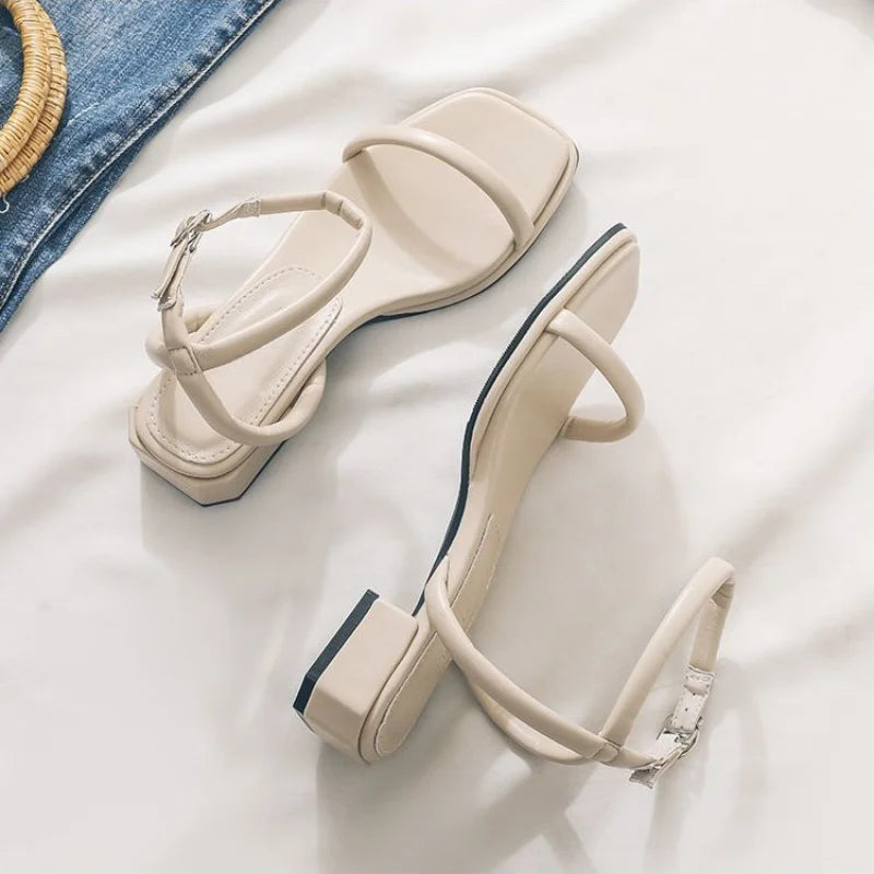 Fashion Womens Shoes 2025 Female Sandal Buckle Mid-Calf Strap Med Block Heels Luxury Peep Girls Beige Medium Chunky Sandals