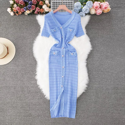 YuooMuoo 2026 New Arrival Women Knitted Long Dress Elegant V-neck Single-breasted Split Sweater Dress Office Lady Vestidos