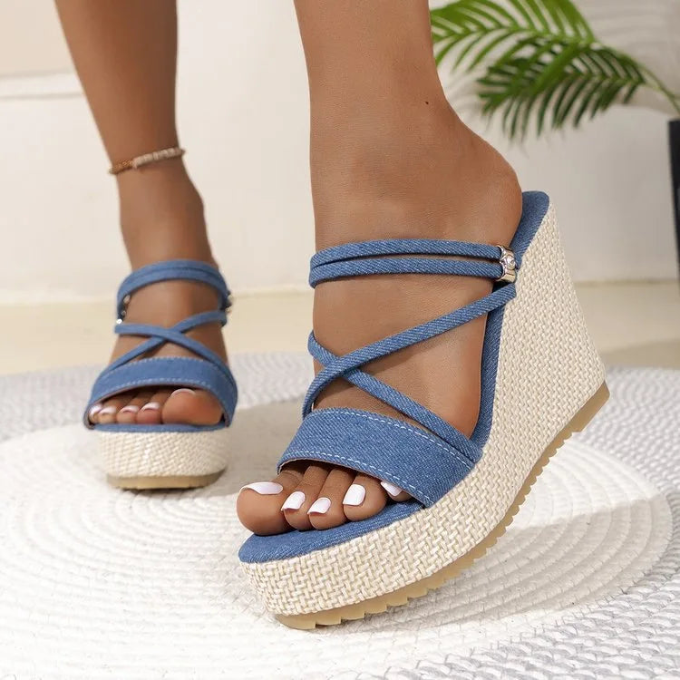 2025 Summer NewPlus-size Wedge Sandal Lady Cowboy Simple Commuting Muffin Bottom Summer Slope with Sandals Women High Heels
