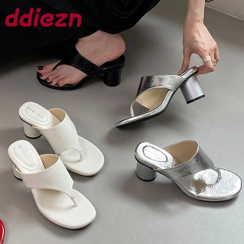 Red Footwear Fashion Round Heels Ladies Slippers Female Flip flops Elegant Women Heeled Slippers Sandals Slides Shoes Pumps