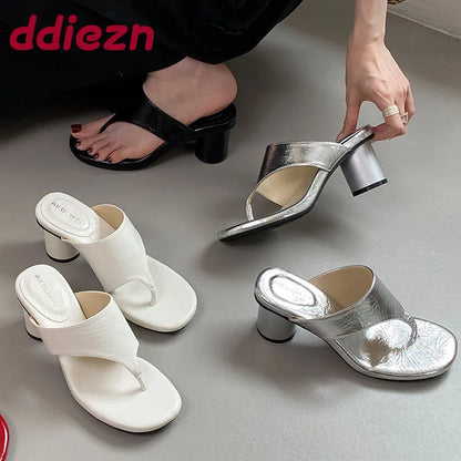 Red Footwear Fashion Round Heels Ladies Slippers Female Flip flops Elegant Women Heeled Slippers Sandals Slides Shoes Pumps