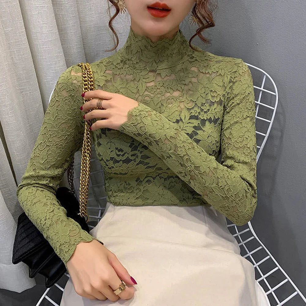 Women Stretch Turtleneck Petal Sleeve Shirt Women Blue Green White Black Flowers Lace T Shirt Ladies S-2XL Tops Fashion Ladies