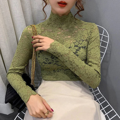 Women Stretch Turtleneck Petal Sleeve Shirt Women Blue Green White Black Flowers Lace T Shirt Ladies S-2XL Tops Fashion Ladies