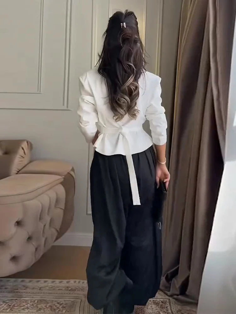 Slim Lace Up Asymmetrical Blazer Women Chic V-neck Single Breasted Full Sleeve Jacket Female 2026 Spring Summer Lady Coat