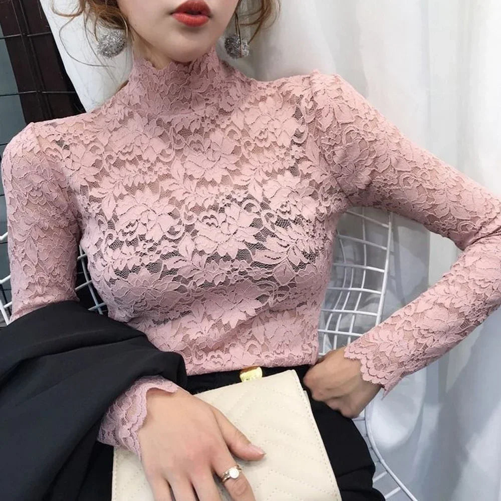 Women Stretch Turtleneck Petal Sleeve Shirt Women Blue Green White Black Flowers Lace T Shirt Ladies S-2XL Tops Fashion Ladies