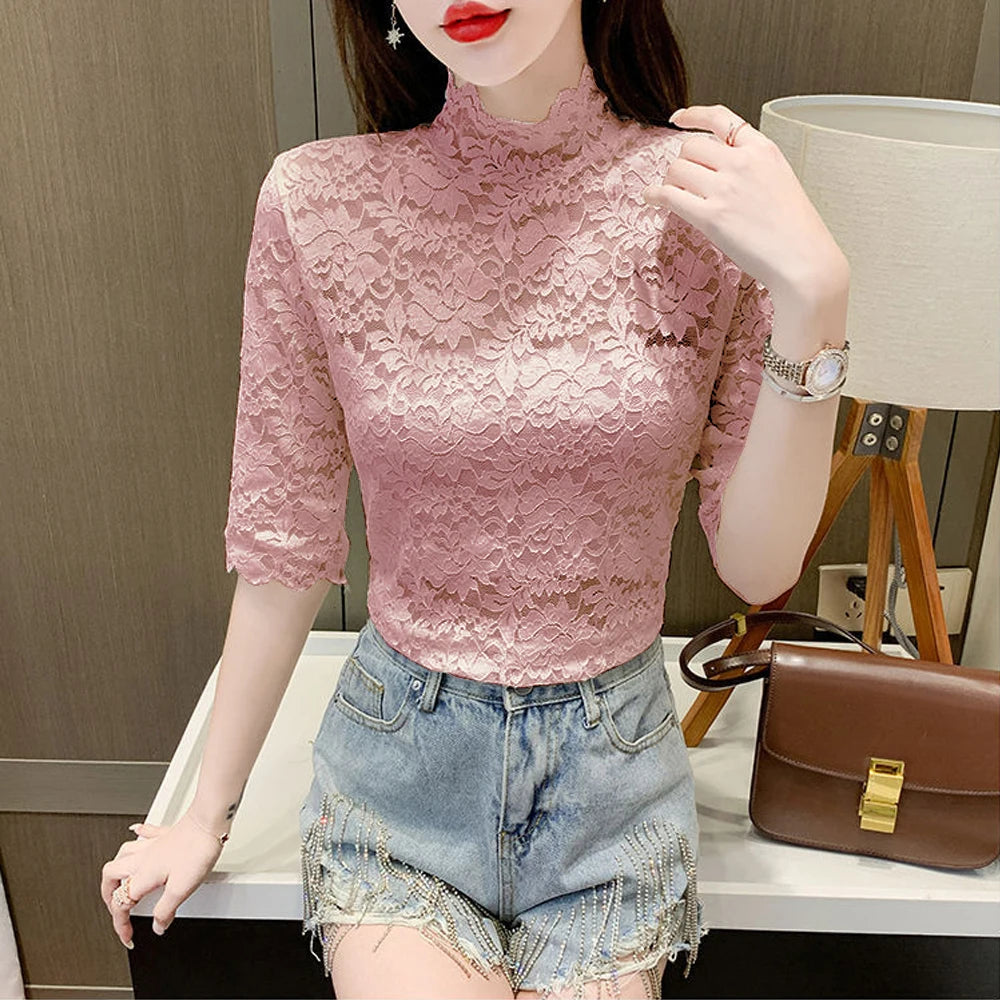 Women Stretch Turtleneck Petal Sleeve Shirt Women Blue Green White Black Flowers Lace T Shirt Ladies S-2XL Tops Fashion Ladies