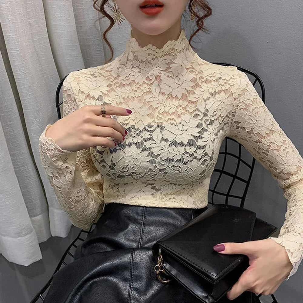 Women Stretch Turtleneck Petal Sleeve Shirt Women Blue Green White Black Flowers Lace T Shirt Ladies S-2XL Tops Fashion Ladies