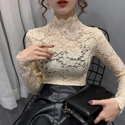 Women Stretch Turtleneck Petal Sleeve Shirt Women Blue Green White Black Flowers Lace T Shirt Ladies S-2XL Tops Fashion Ladies