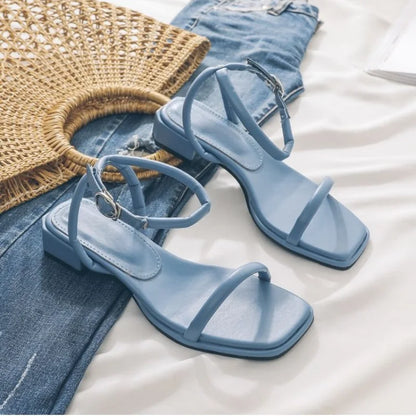 Fashion Womens Shoes 2025 Female Sandal Buckle Mid-Calf Strap Med Block Heels Luxury Peep Girls Beige Medium Chunky Sandals