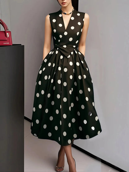 New Women's Polka Dot Dress Sleeveless V-Neck High Waist Slim Lace-up Fashionable Elegant Evening Midi Dress
