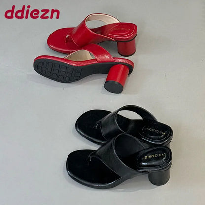 Red Footwear Fashion Round Heels Ladies Slippers Female Flip flops Elegant Women Heeled Slippers Sandals Slides Shoes Pumps