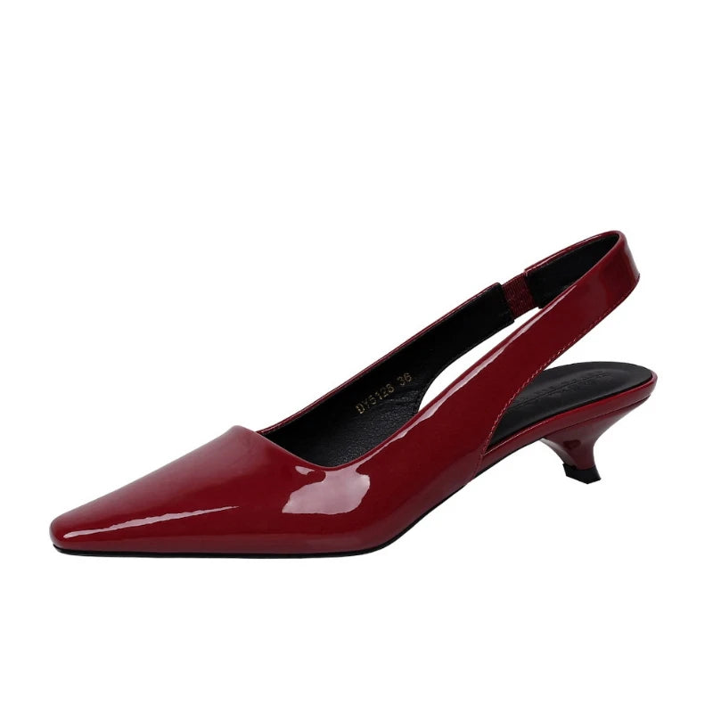 Fashionable Simple Single Shoes With Cone Heel Patent Leather Pointed Toe Low Heel Hollowed-Out With Trip Straps To Make Them