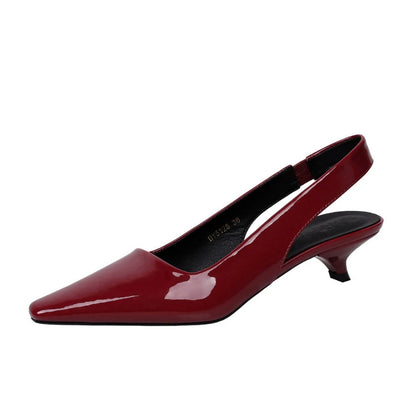 Fashionable Simple Single Shoes With Cone Heel Patent Leather Pointed Toe Low Heel Hollowed-Out With Trip Straps To Make Them